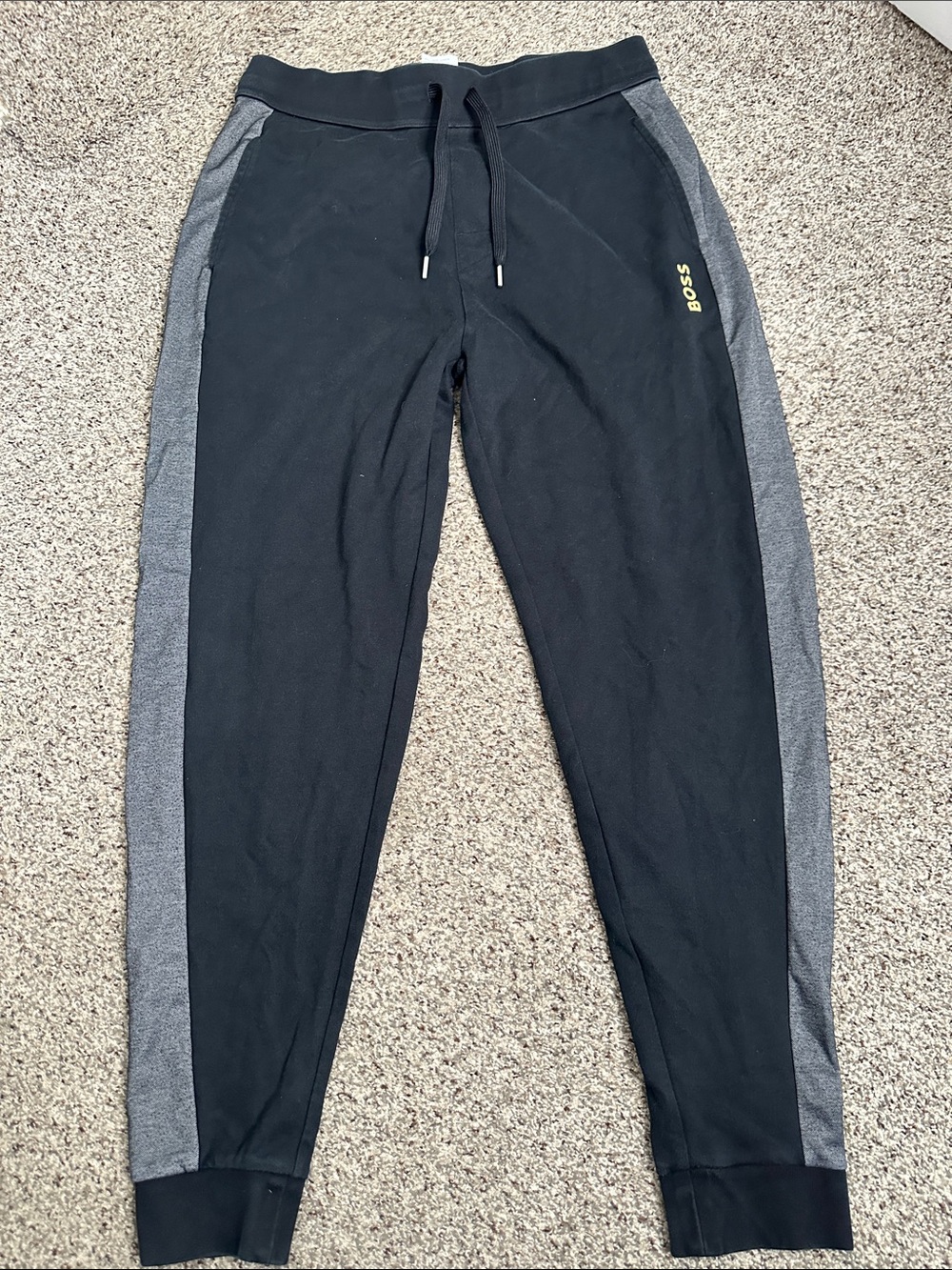 BOSS Black Joggers with Gray Side Panels and Yellow Logo size xL